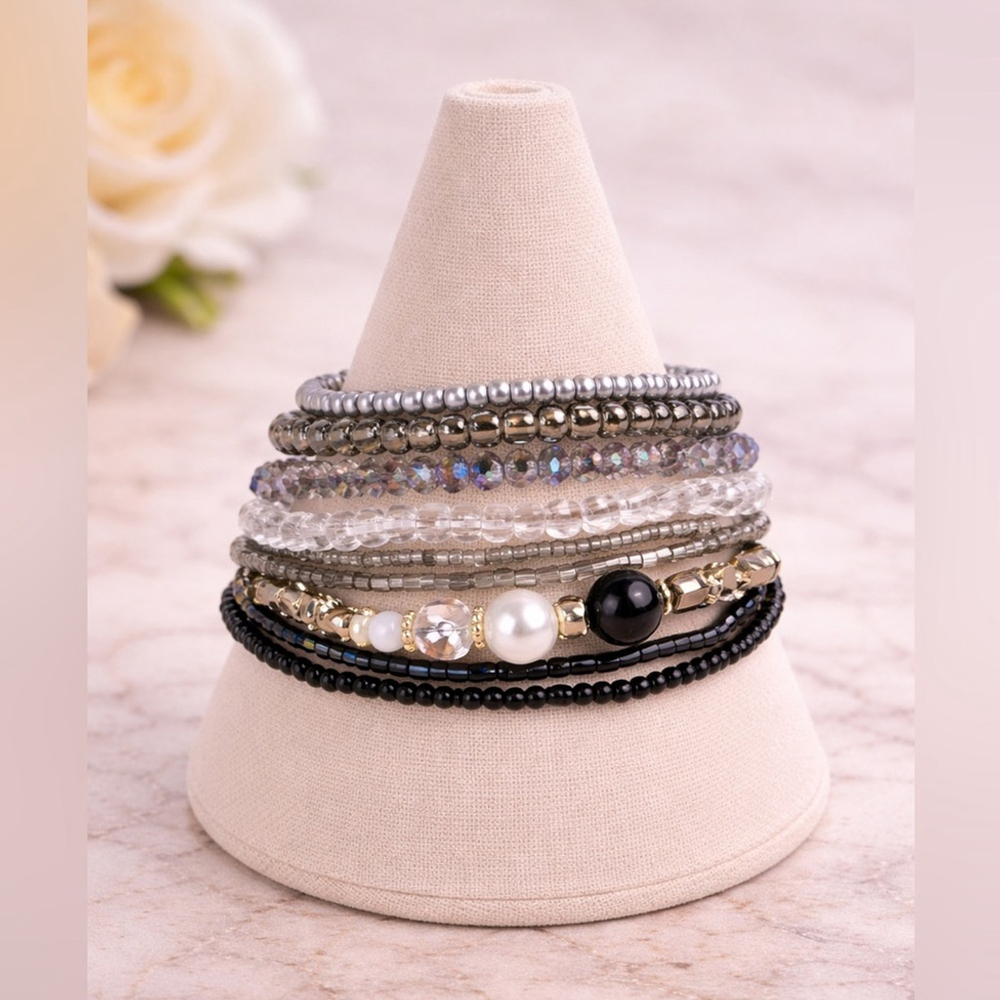 Midnight Onyx Black Beaded Bracelet Stack with elastic OS - Picture 2 of 7